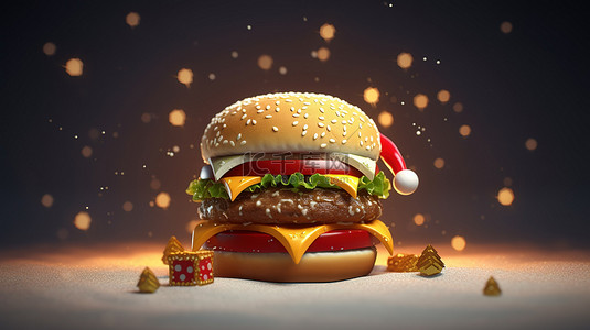 红色汉堡背景图片_3d 渲染圣诞帽顶汉堡