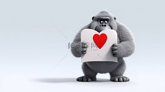 心形形动物背景图片_有趣的 3D 大猩猩抓住标志和心形