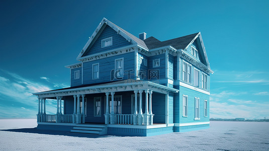 蓝色背景上 3D 渲染的经典美国房屋