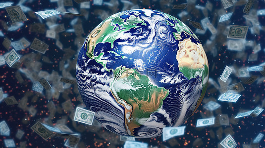 钞票支持 NASA 的 3D 渲染地球仪，载有美国和世界商业区