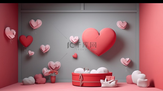 空气中的爱心形剪纸和礼品盒以 3D 渲染装饰墙壁