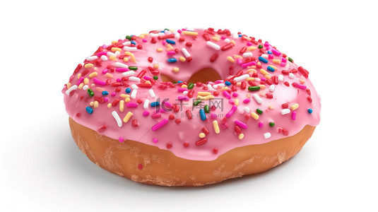 白色背景 3D 渲染上装饰着彩色洒水的巨型粉红色釉面甜甜圈