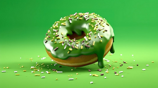 粉色设计背景图片_带有绿色背景糖霜和洒水的甜甜圈的悬浮 3D 渲染