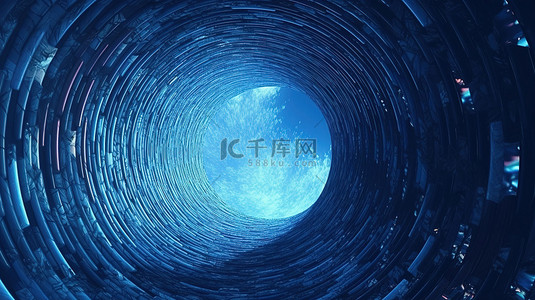 蓝色背景 3D 渲染深波浪虫洞中的未来粒子流动态线框隧道