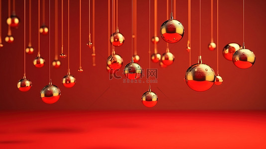 3d 渲染抽象圣诞装饰挂在红色背景上