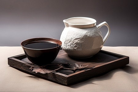 药浴和艾条背景图片_方形木托盘上的一杯咖啡或茶