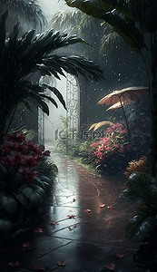 花雨水背景图片_热带植物小路花朵雨天的花园卡通风景