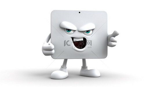 卡通平板电脑角色愤怒地指向不可见物体的 3D 插图包括剪切路径