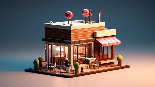 模型咖啡店和餐厅的 3D 插图，提供卡通送货服务