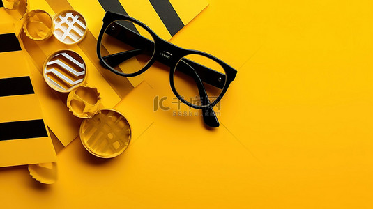 电影产业元素顶视图电影拍板 3D 眼镜和黄色背景 CD 供娱乐