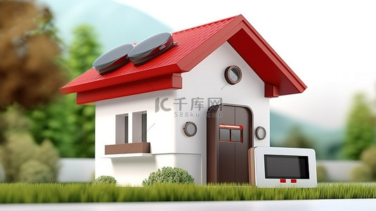 房屋安全背景图片_现代视频对讲机毗邻一座小屋风格的房子，有红色屋顶和郁郁葱葱的绿色草坪，白色背景以 3D 呈现