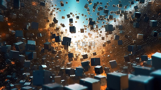 科幻中的未来立方体和混沌粒子无效抽象 3D 渲染