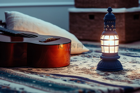 放灯灯背景图片_地毯上的小灯笼前放着一把吉他