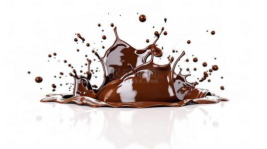 白色背景下巧克力飞溅的 3D 渲染是对食物概念的美味诠释