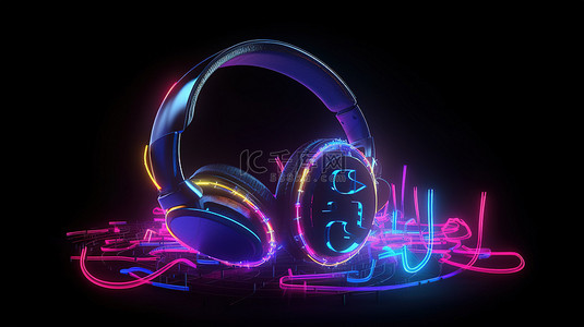 nft技术背景图片_音乐启发的霓虹灯耳机图标与声波和音符在 3D 渲染 nft 概念