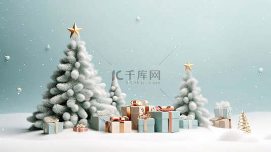 字画封面背景图片_欢乐的庆祝活动，圣诞树和礼品盒的 3D 插图，在白雪皑皑的横幅背景上，祝圣诞快乐，新年快乐