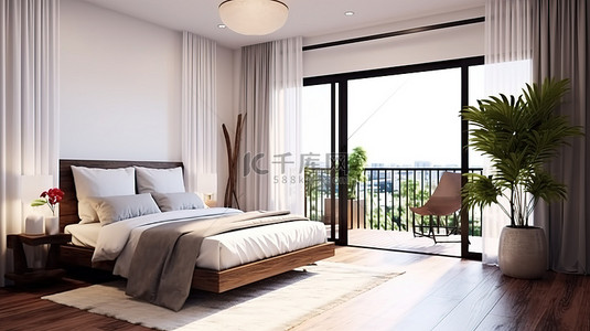 客房背景图片_公寓或酒店室内设计的 3D 渲染，展示卧室和阳台