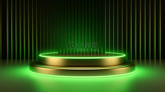 镀金极简主义霓虹绿 3D 产品展示在豪华讲台上，具有抽象背景和金色装饰