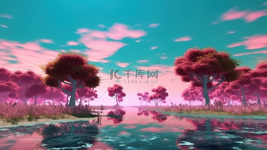 围绕宁静的湖泊和天际线的绿树和粉红草的 3D 渲染