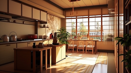令人惊叹的 3D 效果图描绘了日本风格的厨房空间