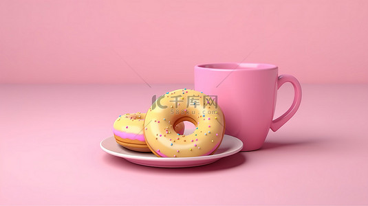 充满活力的甜甜圈和咖啡杯，柔和的粉红色 3d