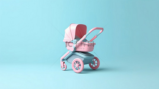 3D 蓝色背景上的当代粉色婴儿推车婴儿车和马车模型
