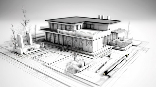印刷纹理背景图片_建筑房屋设计草图的 3D 渲染