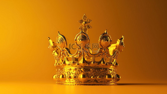 章背景图片_阳光明媚的黄色背景上发光皇冠的富丽堂皇 3D 渲染适合国王的宝库