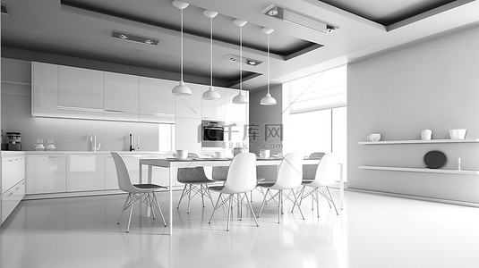 墙室内背景图片_具有现代建筑风格的简约工作室厨房和餐厅的 3D 渲染插图