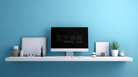 空间蓝背景图片_蓝墙背景 3D 渲染具有现代样机显示器和空白屏幕
