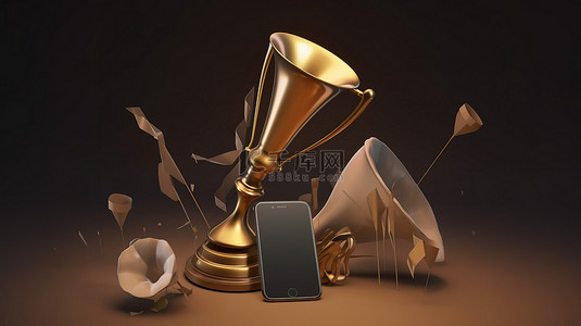 青铜奖杯和呜呜祖拉角是通过智能手机进行在线足球比赛的 3D 插图，具有充足的复制空间