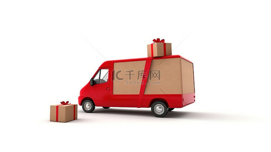免费白色背景背景图片_带有箱装送货车的白色背景免费送货概念的 3D 插图