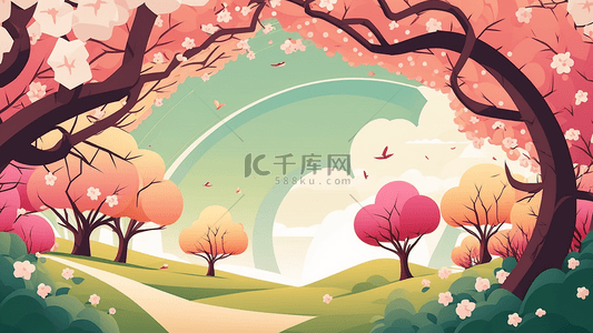 春天粉色花树卡通插画背景