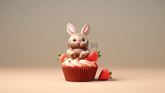 可爱兔子顶部巧克力复活节彩蛋纸杯蛋糕的 3D 插图，带有红色草莓口音
