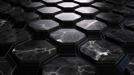 令人惊叹的 3D 渲染中的黑色大理石六边形面板