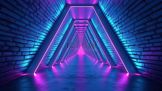 3D 渲染隧道，具有霓虹蓝色和粉色三角形墙壁