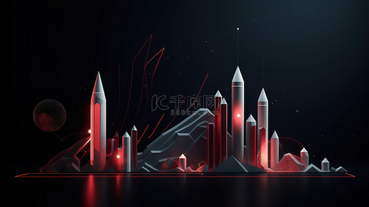 火箭图形背景图片_3d 火箭发射的插图和描绘业务增长的图表栏设计