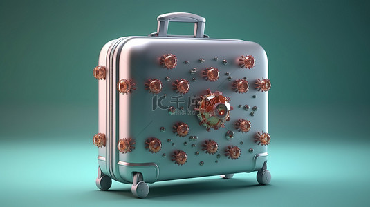 适合旅行和医疗主题的手提箱和病毒的 3D 渲染