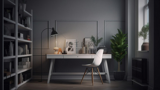 时尚家庭办公室的 3D 插图，配有宽敞的工作台书架花盆框架和别致的椅子