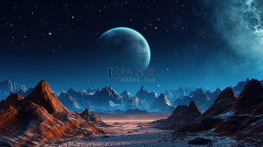 超凡脱俗的风景蓝色发光的外星球与橙色山脉星星和月亮在 3D 插图