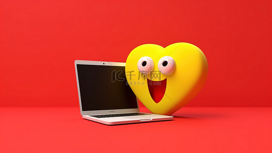 黄色背景 3D 渲染现代笔记本电脑和红心吉祥物用于图形设计