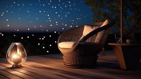 甲板上的夜间照明 扶手椅和咖啡桌的 3D 插图，上面有闪闪发光的星星