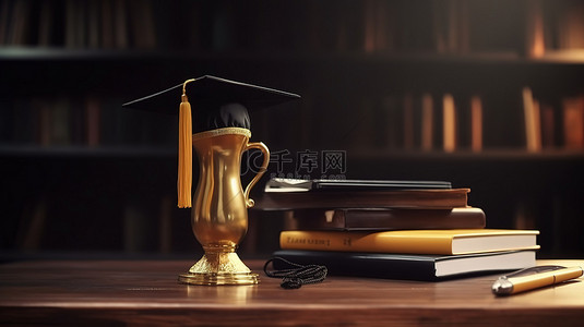 金色奖杯装饰着 3D 渲染的毕业帽，木桌上放着书本和铅笔