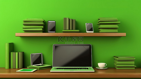 手机绿色背景背景图片_绿色架子在 3D 插图中显示笔记本电脑手机和平板电脑垂直背景