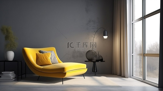 房间内背景图片_现代灰色和黄色房间内宽敞扶手椅的 3D 渲染，配有大窗户