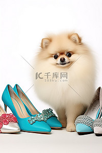 一只博美犬小狗坐在一些鞋子旁边