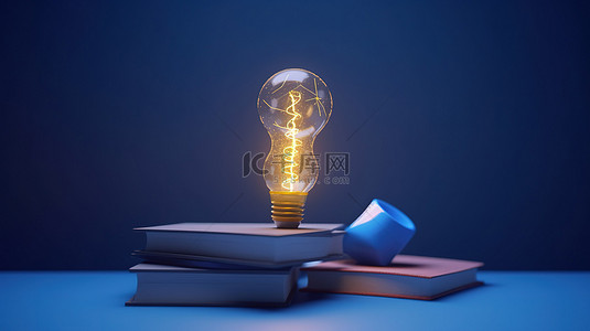 蓝色背景与毕业帽灯泡和 3D 渲染中的书籍