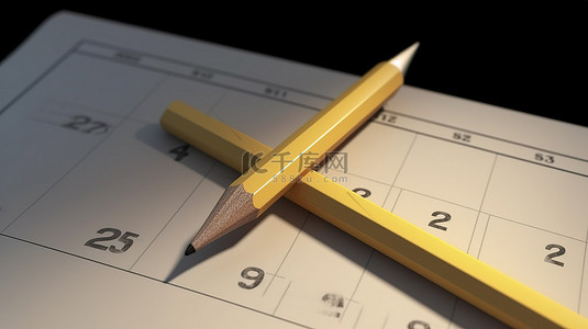 渲染日历上的插图 3D 铅笔图标