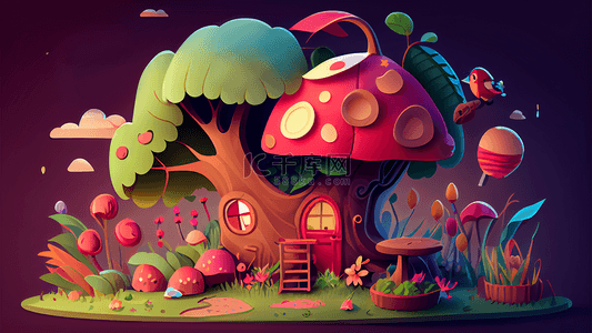 树屋蘑菇卡通可爱背景粉色