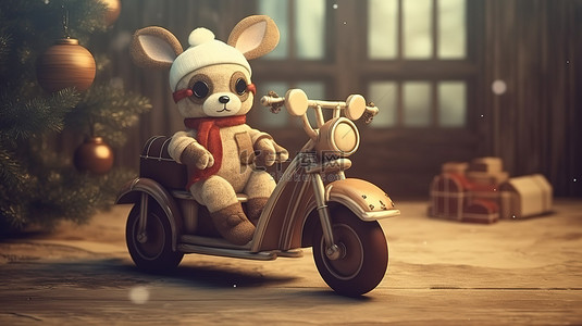 3D 渲染摇椅与老式摩托车和娃娃驯鹿